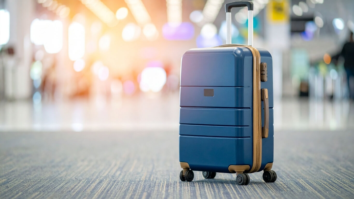 Image of single blue luggage at airport with good review on top