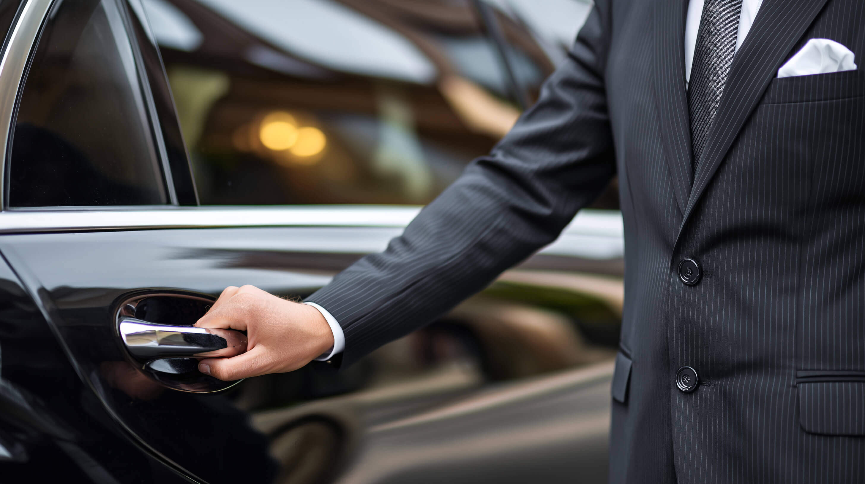 hand opening back door of black suv car for limousine and black car transporation business homepage